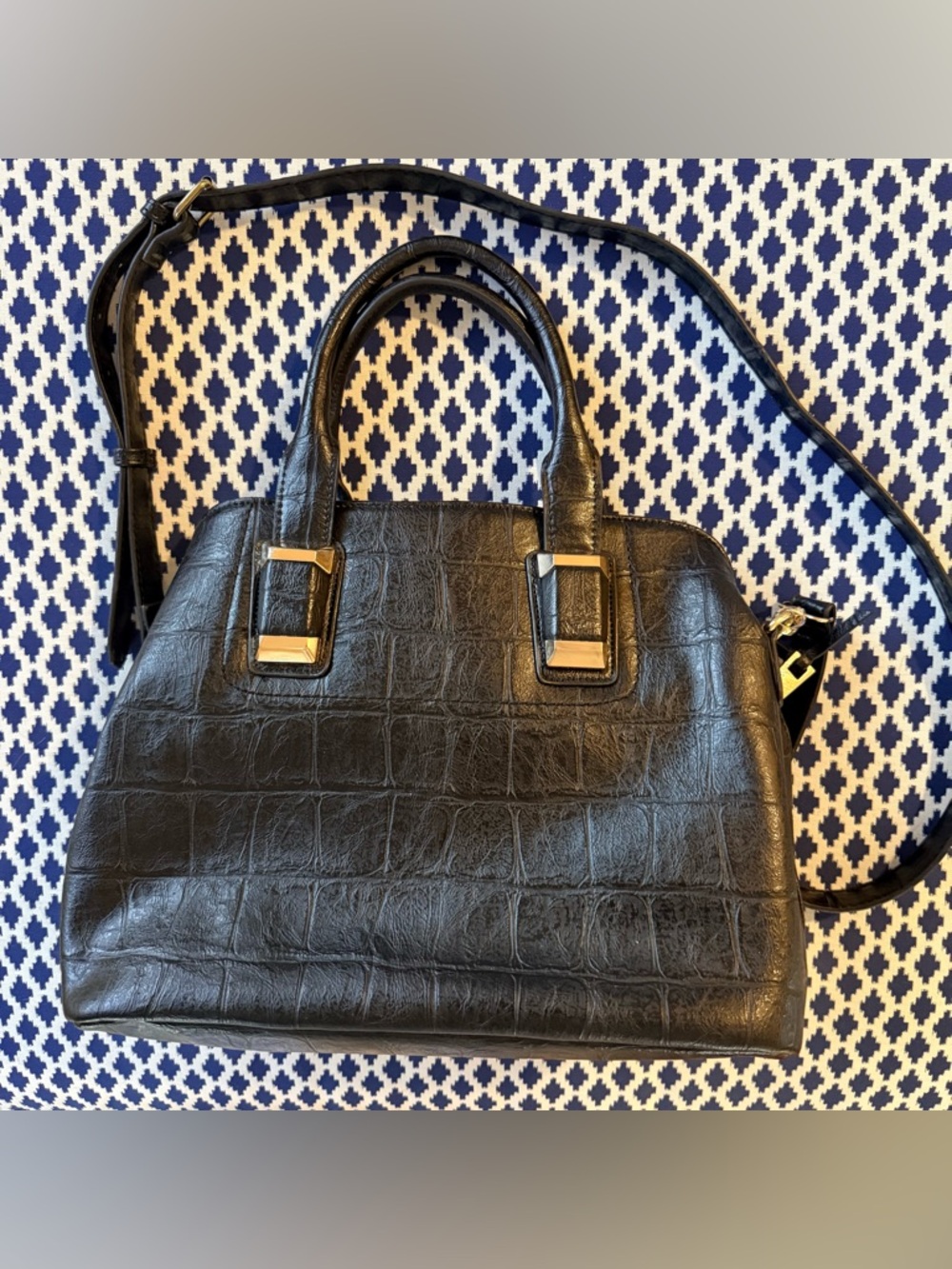 Sondra Roberts Squared Black Faux Croc Satchel Crossbody Bag Gold Hardware